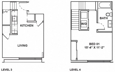 A floor plan shows a living area and a bedroom on the first floor and a kitchen on the second.
